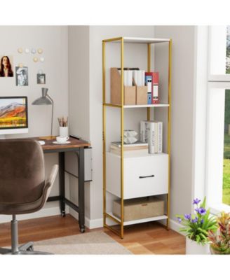 5-Tier Narrow Bookcase with Storage Drawer and Metal Frame