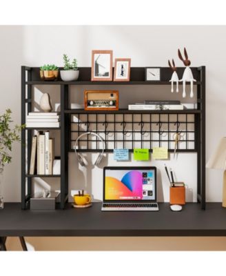 4-Tier Desktop Display Shelf with Metal Grid Panel and Hooks