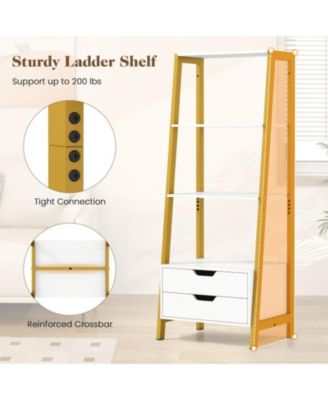 4-Tier Ladder Shelf with 2 Drawers and Metal Frame
