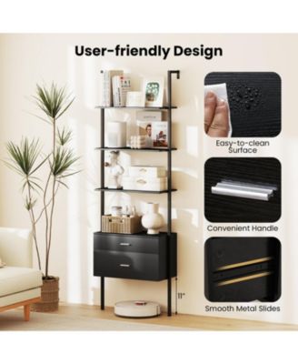 6-Tier Ladder Bookcase with 2 Drawers and Metal Frame