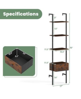 5-Tier Ladder Bookcase with Drawer and Metal Frame