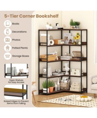 5-Tier L-Shaped Corner Bookshelf with Metal Frame