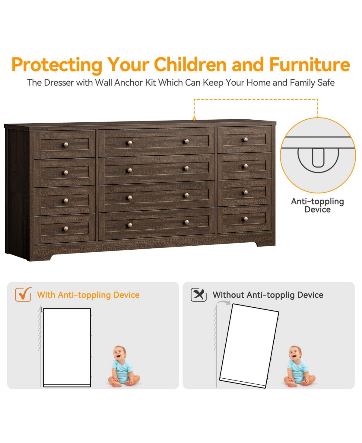 gaomon 12 Drawer Wood Dressers for Bedroom, Wooden Dresser for Living Room, Hallway