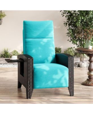 Outdoor Wicker Recliner with Adjustable Backrest and Footrest, Flip-Up Table