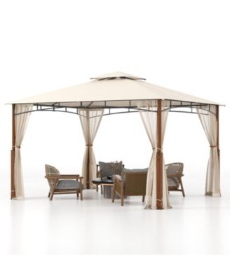 12 x 10 ft Outdoor Patio Gazebo with Mesh Netting Two-Tier Vented Roof and Stakes