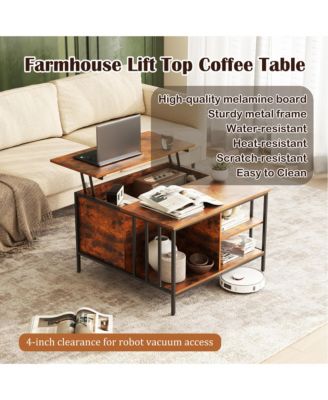 Square Lift-Top Coffee Table, Farmhouse Center Table with Hidden Compartment and Storage Shelves for Living Room
