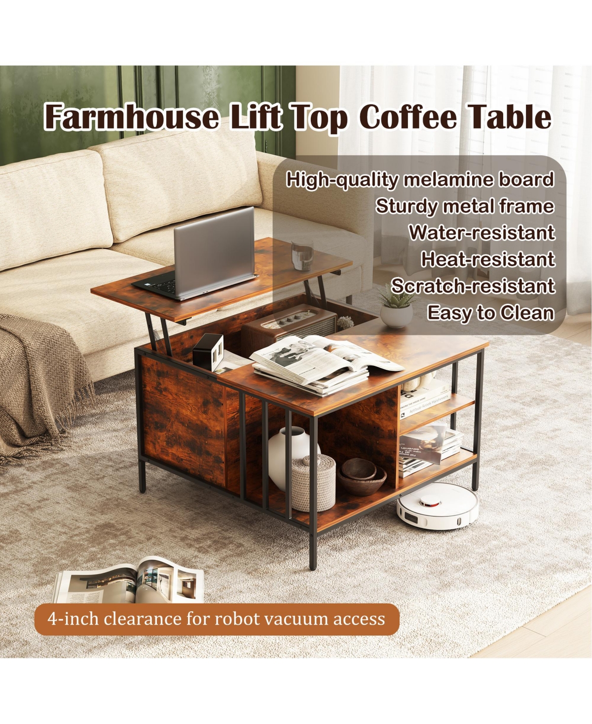 Rainsken Square Lift-Top Coffee Table, Farmhouse Center Table with Hidden Compartment and Storage Shelves for Living Room
