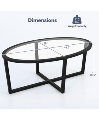 Oval Glass Coffee Table with Cross Base Wood Legs