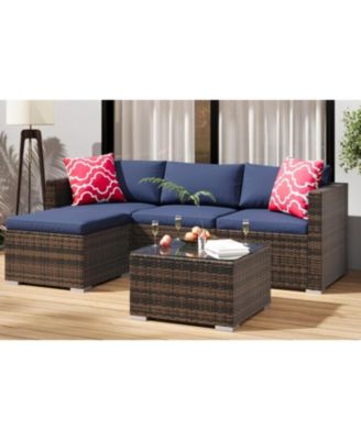 5-Piece All-Weather Wicker Patio Sectional Sofa Set with Ottoman and Glass Table