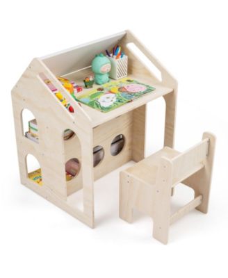 Kids Wooden Table and Chair Set, House-Shaped Activity Design