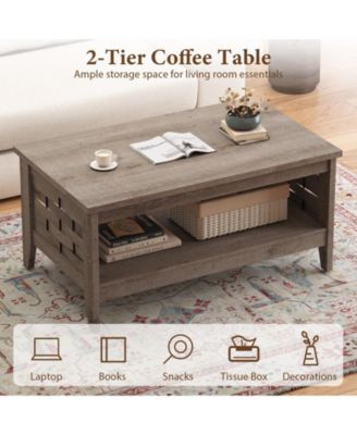 Farmhouse 2-Tier Coffee Table with Open Shelf and Woven Decor for Living Room