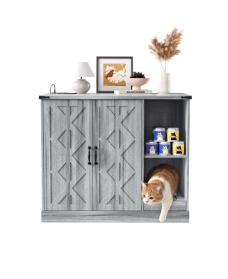 Modern Cat Litter Box Cabinet with Power Outlet, Hidden Enclosure for Large Automatic Boxes, Catcher, Storage
