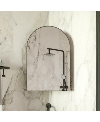 18x24 Inch Metal Corner Medicine Cabinet with Arched Mirror, Adjustable Glass Shelves, Space-Saving Bathroom Storage Organizer for Small Space