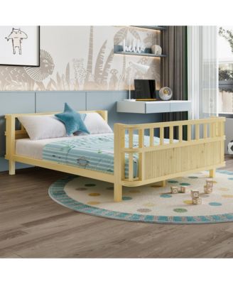 Full Size Kids Double Wooden Platform Bed with Safety Railings
