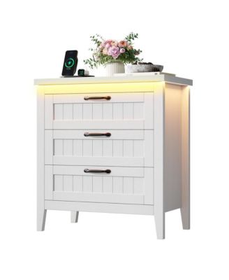 Farmhouse Drawer Dresser with Charging Station and LED Lights, Slim Wooden Bedroom Dresser