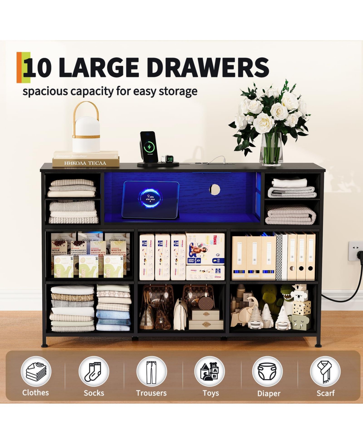 gaomon 10 Fabric Drawers Dresser with Led Lights, Entertainment Center with Charging Station, Wood Top