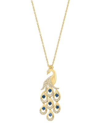 White Diamond (1/3 ct. t.w.) and Blue Diamond (1/3 ct. t.w.) Peacock Pendant Necklace in 14k Yellow Gold