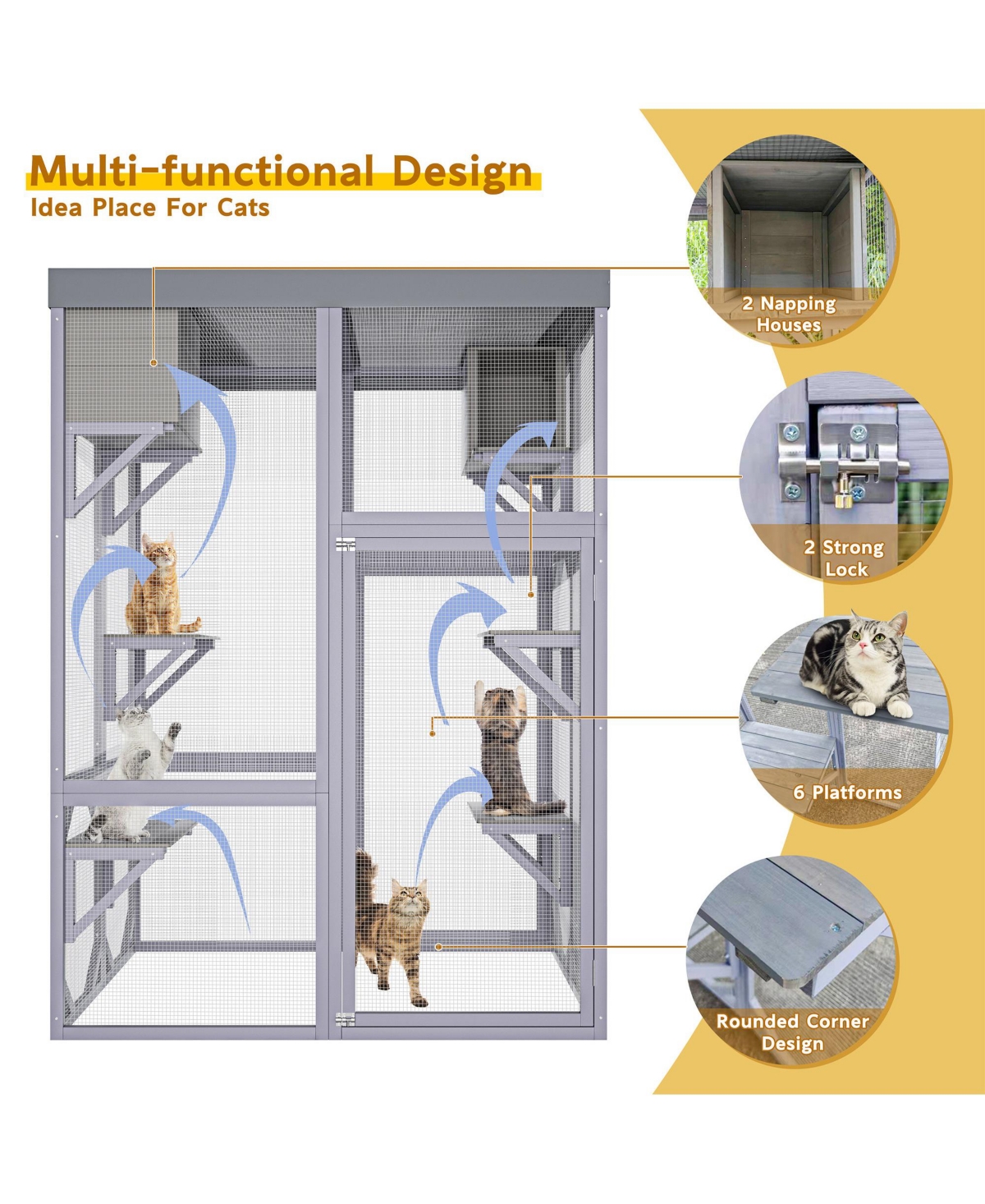 Zeus & Ruta Outdoor Wooden Cat Enclosure 4 Tier Platforms 2 Napping Houses 2 Locks Rounded Corners Play Rest Area