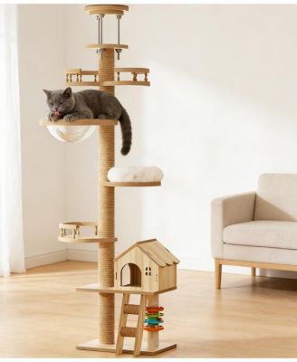 Floor to Ceiling Cat Tree Adjustable Height Wood Tower with Scratching Post Condo Cave Bed Hammock