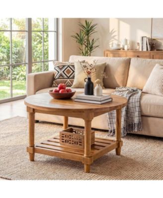 Round Coffee Table, 31.5" Farmhouse Solid Wood Center Table with Storage, 2-Tier Circle Accent Table