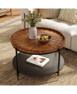 Solid Wood Round Coffee Table, 31.5-Inch Boho Center Tea Table with Metal Storage Frame and Carved Floral Pattern