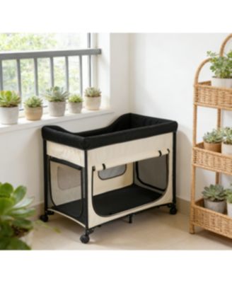 Elevated Cat Lounge Foldable Bunk 600D Oxford Dutch Velvet Cot on Wheels Side Pouches Carry Bag XL Beige