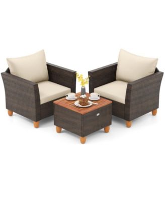 3 Piece Patio Wicker Furniture Set with Cushions and Wood Table