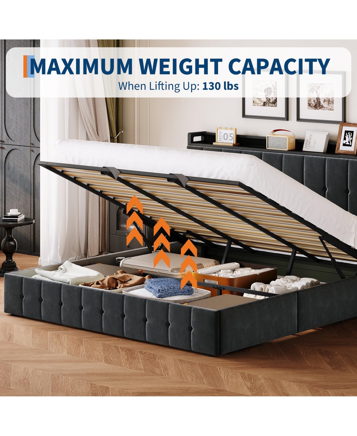 Homfan Lift Up Bed Frame, Upholstered Bed with Button Tufted Wingback Storage Headboard, Hydraulic Storage, No Box Spring Needed