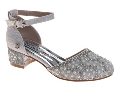 Girls Glitter Dress Heels with Pearl And Rhinestone Detail, Heel, Ankle Strap.