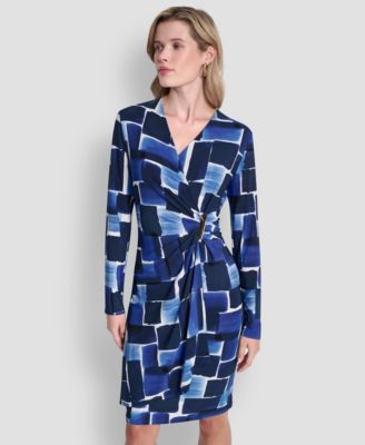 Women's Long-Sleeve V-Neck Faux Wrap Dress