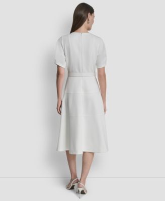 Women's Puff Short-Sleeve V-Neck Midi Dress