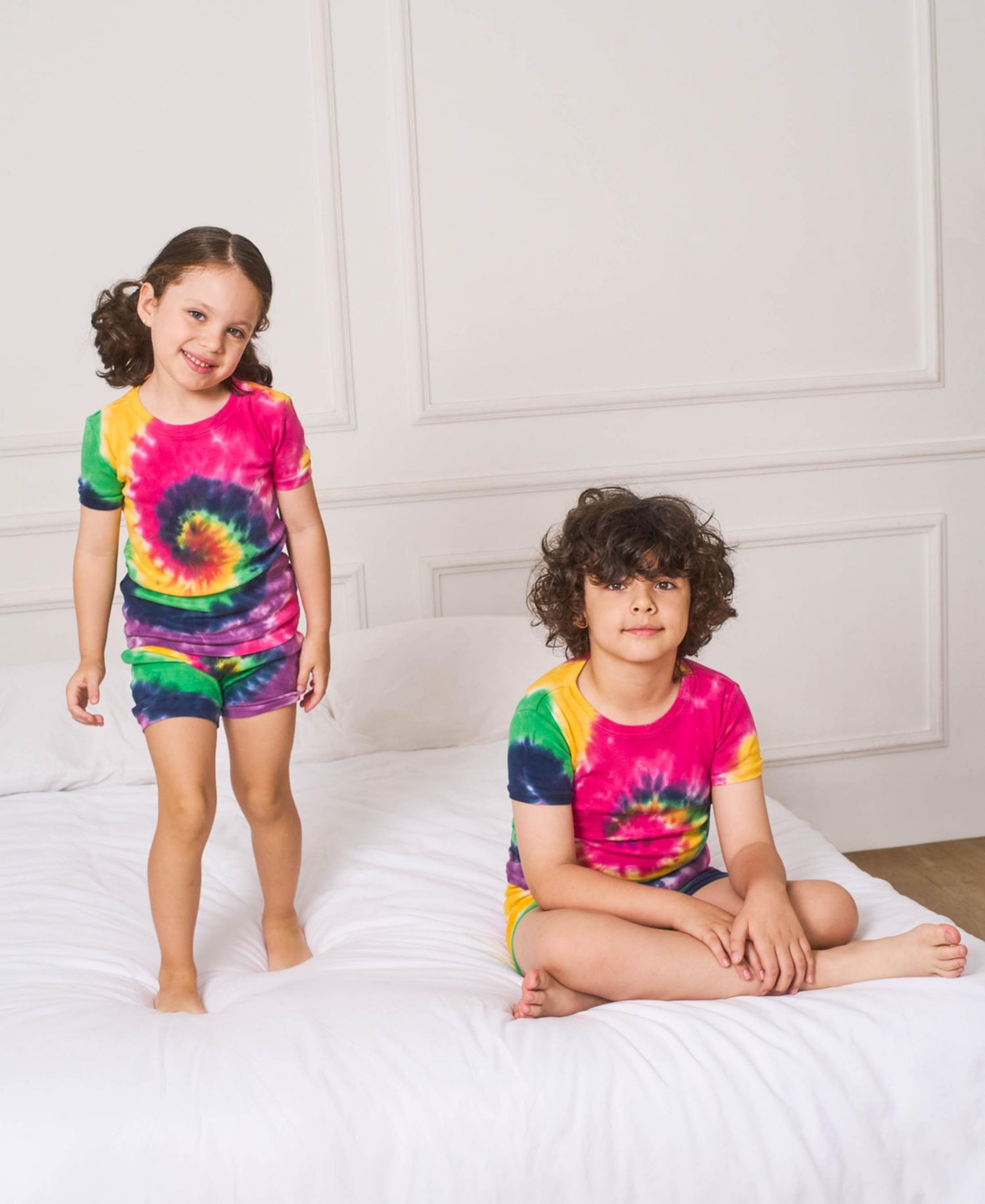 Toddler Matching Family Two Piece Cotton Short Sleeve Shirt and Shorts Tie Dye Pajamas.
