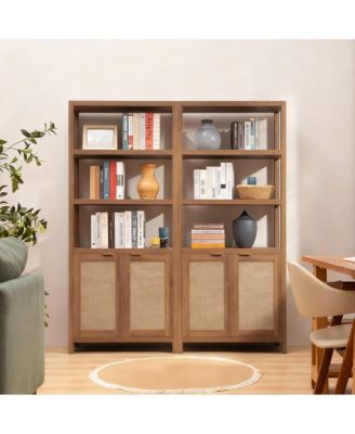 5-Tier Rattan Boho Bookcase with Doors for Home Storage
