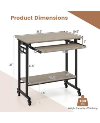 Rolling Computer Table with Pull-out Keyboard Tray and Storage Hooks