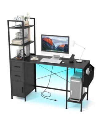 57 in Computer Desk with RGB LED Lights, Power Outlets and Multi-Storage