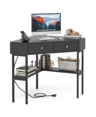 Triangle Corner Desk with Charging Station, 2 Drawers and Storage Shelf