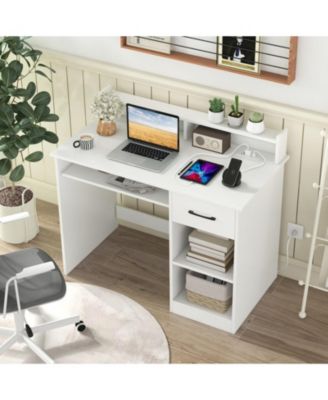 White Home Office Desk with Charging Station, Keyboard Tray and Adjustable Shelf