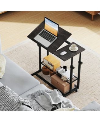 Mobile Height Adjustable Standing Table with Tilting Tabletop and Shelves