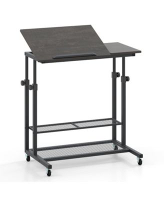 Mobile Height Adjustable Standing Table with Tilting Tabletop and Shelves