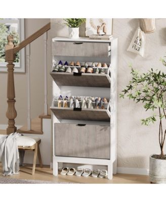 Shoe Storage Cabinet with 3 Flip Drawers & Large Drawer, Farmhouse Fluted Shoe Organizer with Metal Legs