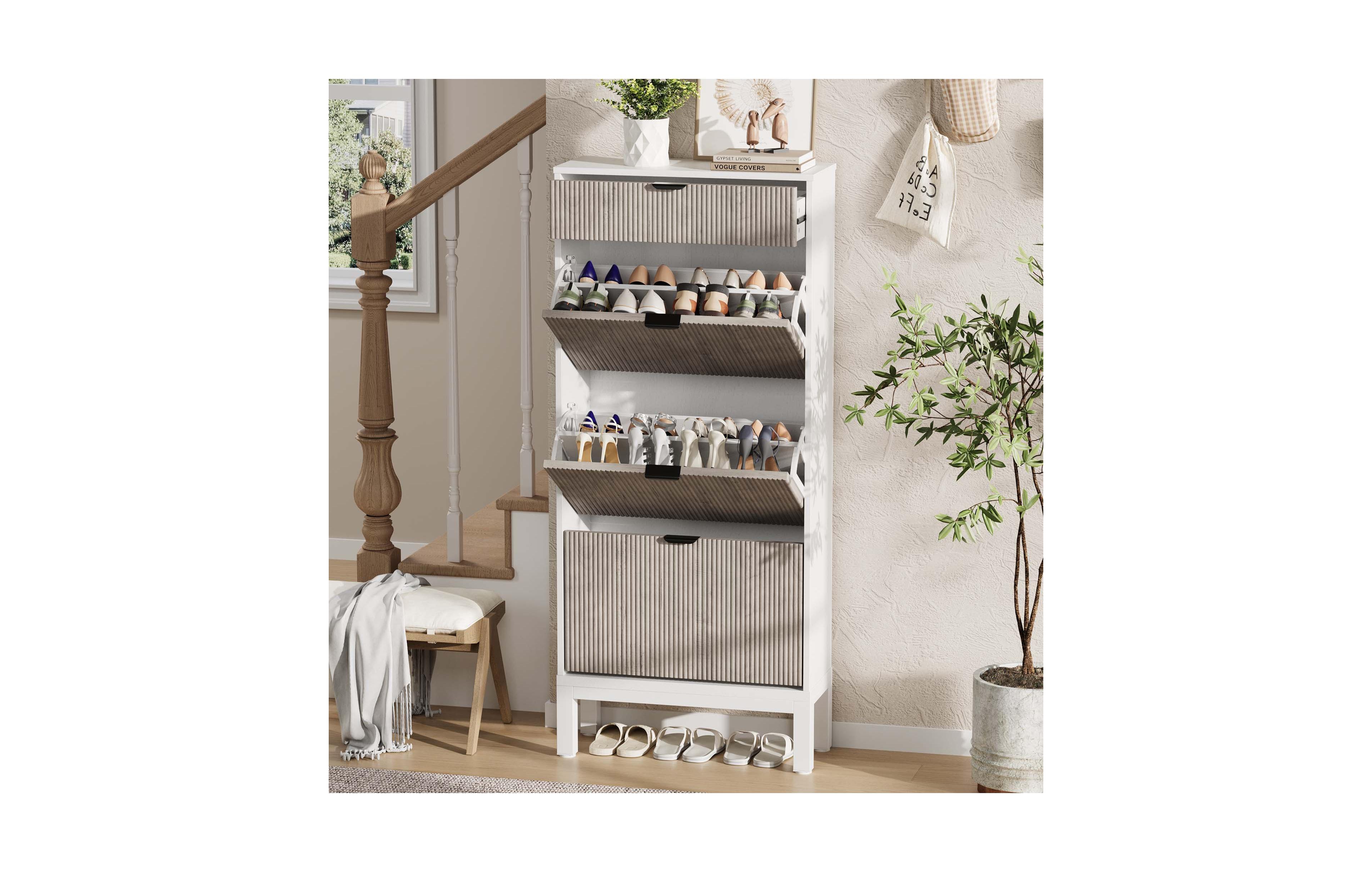 gaomon Shoe Storage Cabinet with 3 Flip Drawers & Large Drawer, Farmhouse Fluted Shoe Organizer with Metal Legs