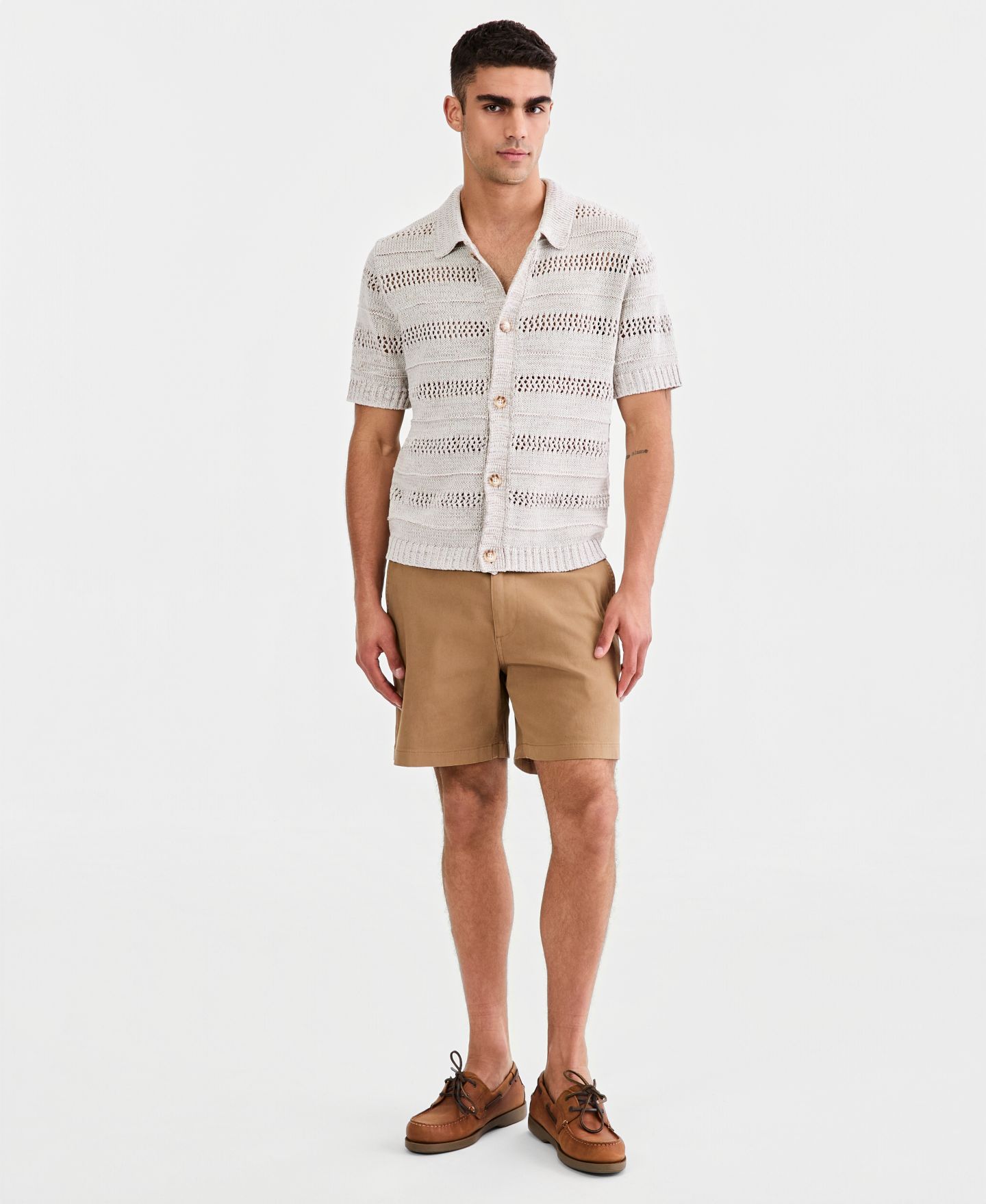 Мужской свитер Sun + Stone Striped Open-Stitch Button, цвет: Винтажный белый — фото 2
