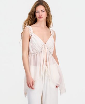 Petite Asymmetrical-Hem Lace-Trim Tank