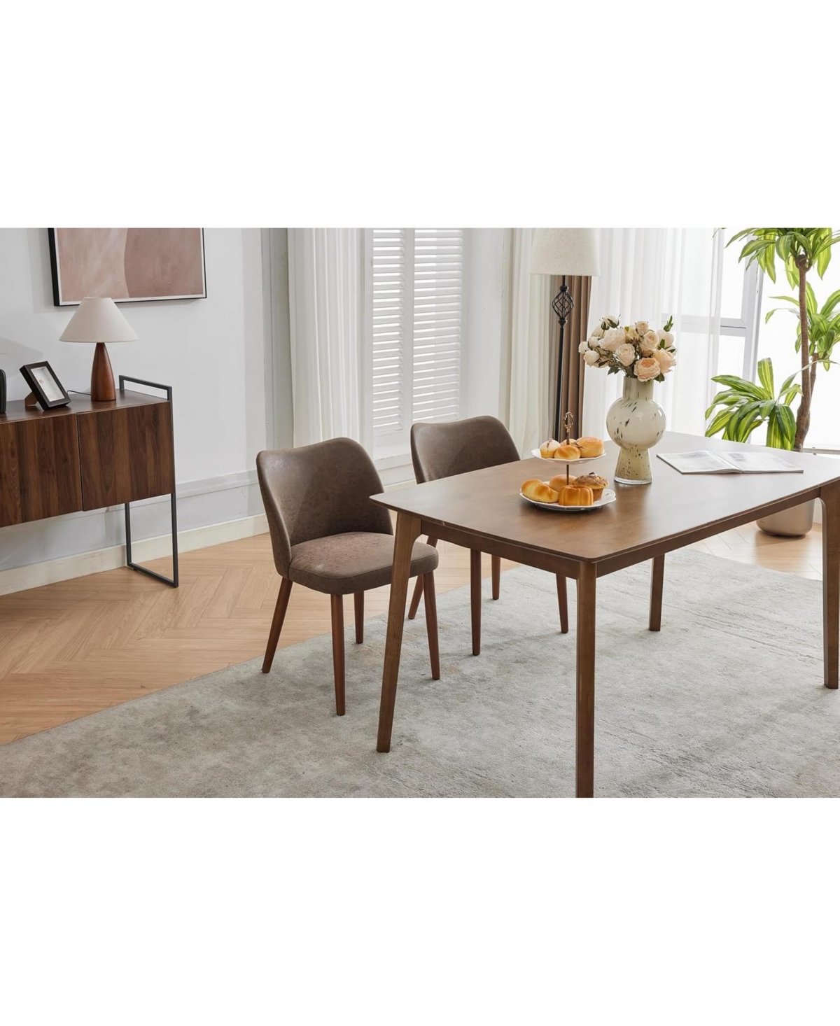 Dining Chair Set of 4, Linen Upholstered with Solid Wood Legs, Wing Backrest, Wooden Kitchen
