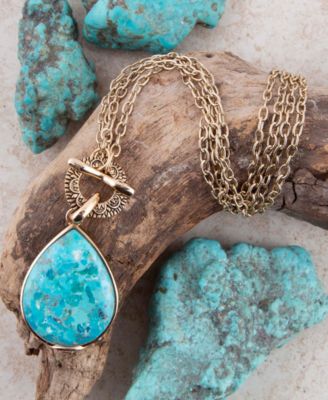 Genuine Blue Turquoise Roped Golden Bronze Pendant Necklace