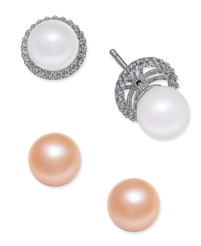 Jewel Tie 14k White Gold 9-10mm Black Button FW Cultured Pearl Stud Earrings