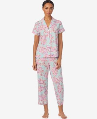 Petite Short-Sleeve Notch Collar Cropped Pant Pajama Set