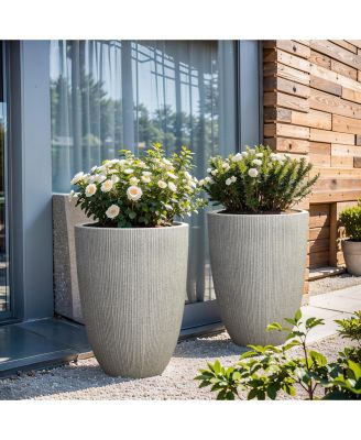 2-Piece Tall Tapered Round Plastic Planters Set, Mediterranean Gray