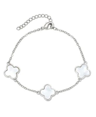 Silver Plated White Mother of Pearl Clover Station Bracelet