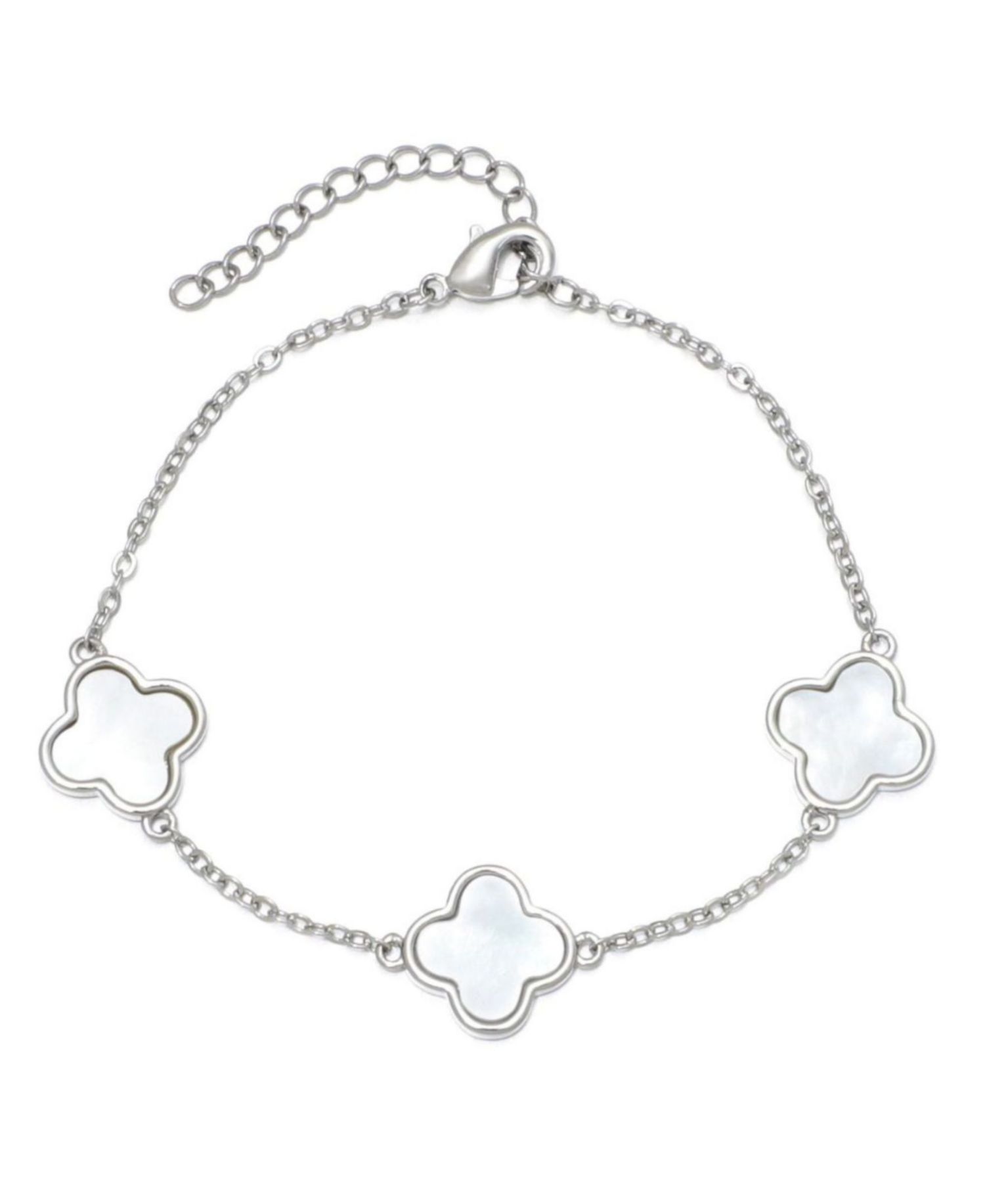 Silver Plated White Imitation Pearl Clover Station Bracelet